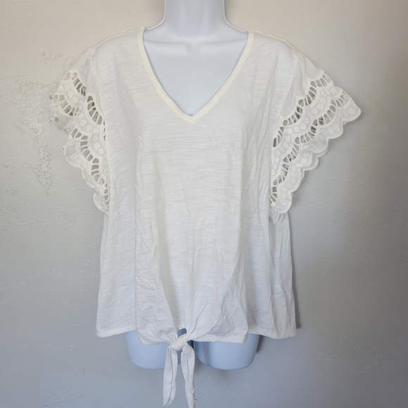 Maurices XL White Short Sleeve Blouse Top Lace Sleeves Knot Front Girly Feminine - Picture 1 of 8